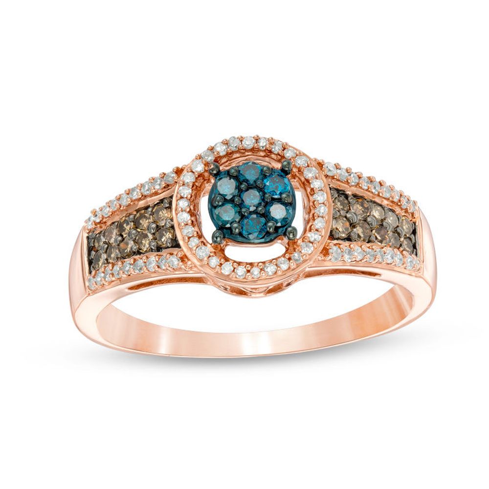 Previously Owned - 0.33 CT. T.W. Enhanced Blue, Champagne and White Composite Diamond Frame Ring in 10K Rose Gold|Peoples Jewellers