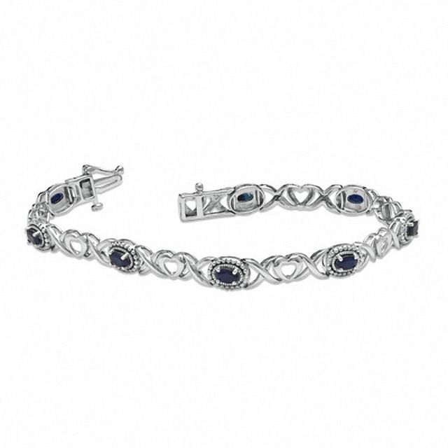 Previously Owned - Oval Sapphire Heart and "X" Link Bracelet in Sterling Silver - 7.25"|Peoples Jewellers