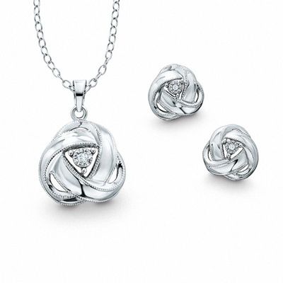 Previously Owned - Diamond Accent Knot Pendant and Earrings Set in Sterling Silver|Peoples Jewellers