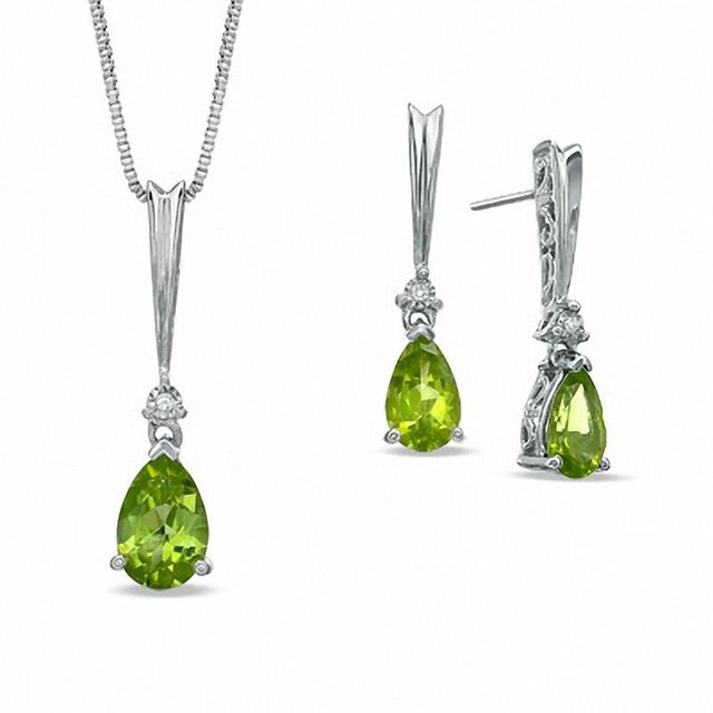 Previously Owned - Pear-Shaped Peridot and Diamond Accent Pendant and Earrings Set in Sterling Silver|Peoples Jewellers