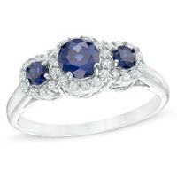 Previously Owned - 5.0mm Lab-Created Blue and White Sapphire Frame Three Stone Ring in 10K White Gold|Peoples Jewellers