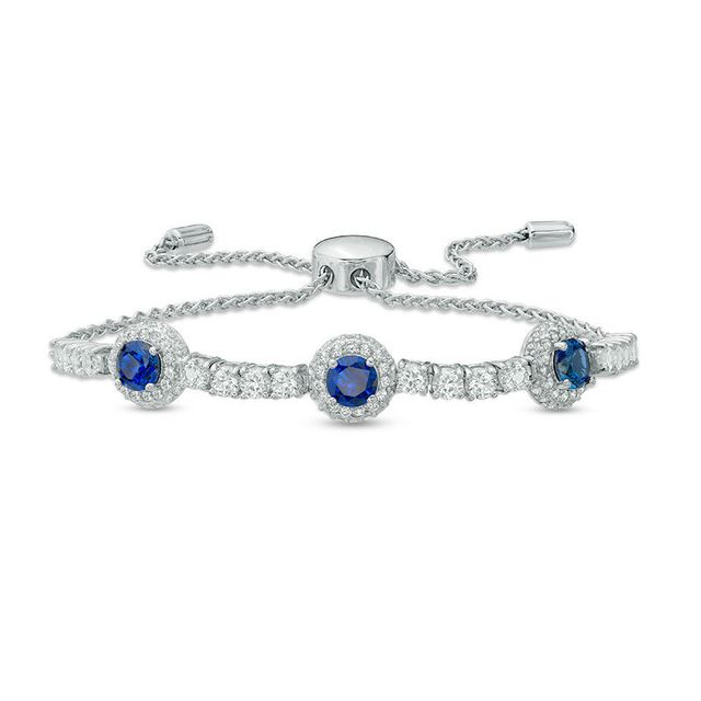 Previously Owned - 5.0mm Lab-Created Blue and White Sapphire Frame Three Stone Bolo Bracelet in Sterling Silver - 9.0"|Peoples Jewellers