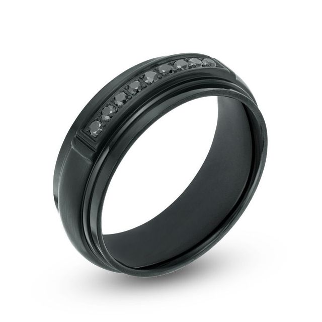 Previously Owned - Men's 0.16 CT. T.W Black Diamond Channel Wedding Band in Black IP Stainless Steel