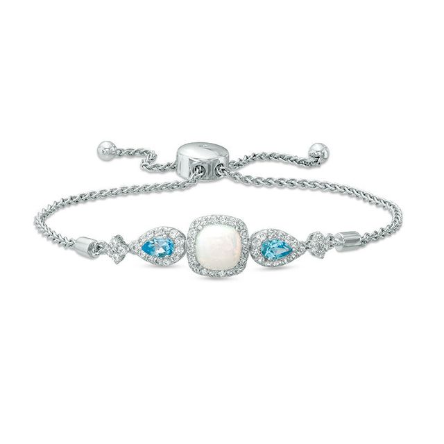 Previously Owned - Cushion-Cut Lab-Created Opal, White Sapphire and Blue Topaz Bolo Bracelet in Sterling Silver - 9.0"|Peoples Jewellers