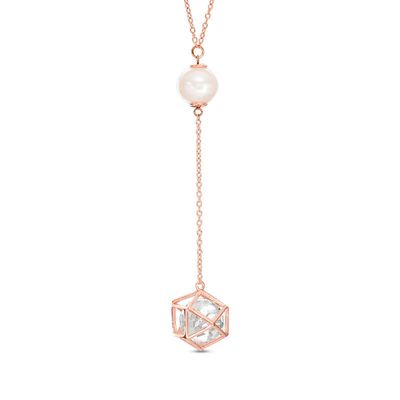 Previously Owned-Freshwater Cultured Pearl and Created Sapphire Necklace in Sterling Silver with 18K Rose Gold Plate|Peoples Jewellers