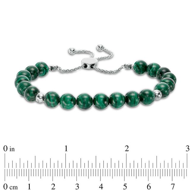 Previously Owned - 8.0mm Malachite and Polished Bead Bolo Bracelet in Sterling Silver - 9.0"