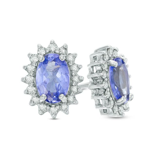 Previously Owned - Oval Tanzanite and 0.16 CT. T.W. Diamond Starburst Frame Stud Earrings in Sterling Silver|Peoples Jewellers