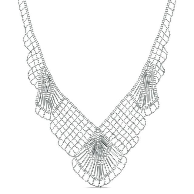 Previously Owned - Diamond-Cut Beaded Mesh Fan Bib Necklace in Sterling Silver - 17"|Peoples Jewellers