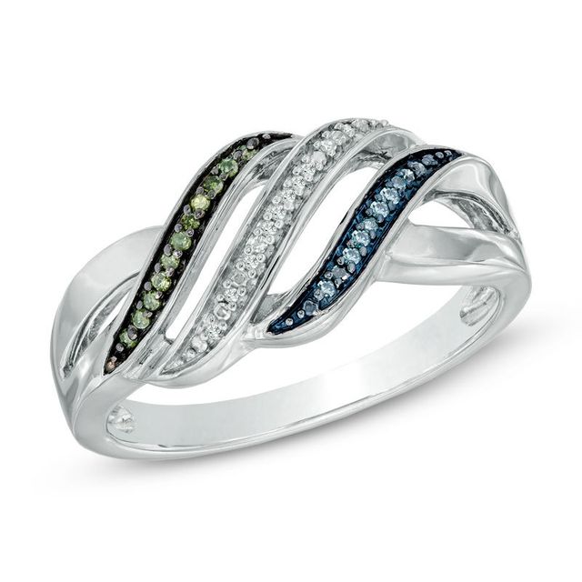 Previously Owned - 0.05 CT. T.W. Enhanced Blue, Green and White Diamond Waves Ring in Sterling Silver