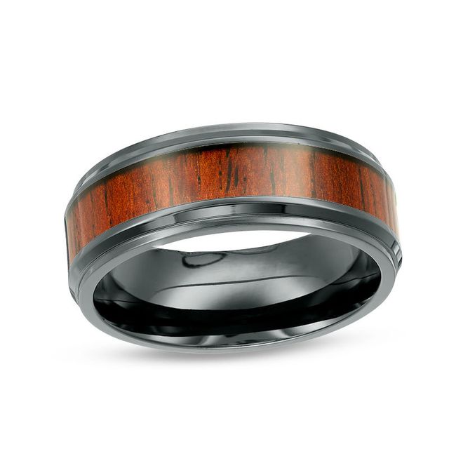 Previously Owned - Men's 8.0mm Carbon Fibre Wood Grain Inlay Wedding Band in Black IP Stainless Steel|Peoples Jewellers