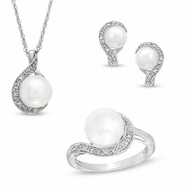 Previously Owned-Freshwater Cultured Pearl and Diamond Accent Pendant, Ring and Earrings Set in Sterling Silver|Peoples Jewellers