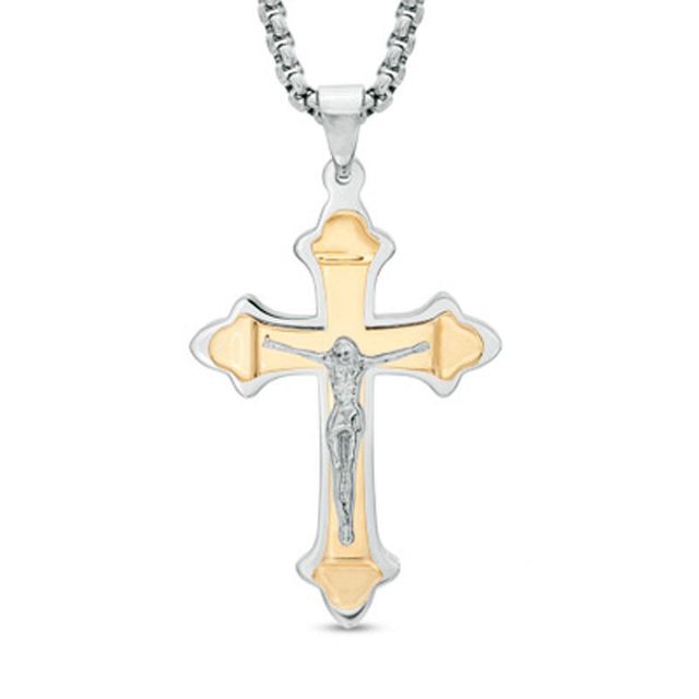 Previously Owned - Men's Crucifix Pendant in Two-Tone Stainless Steel - 24"