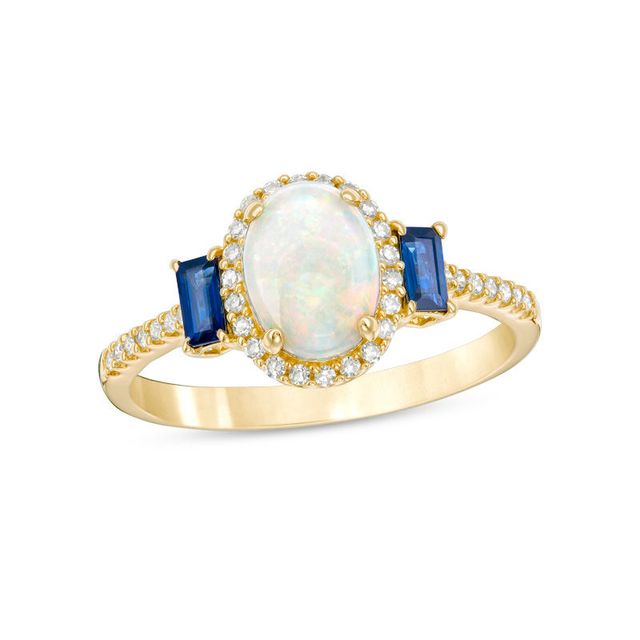 Previously Owned - Oval Opal, Blue Sapphire and 0.10 CT. T.W. Diamond Frame Three Stone Ring in 10K Gold|Peoples Jewellers