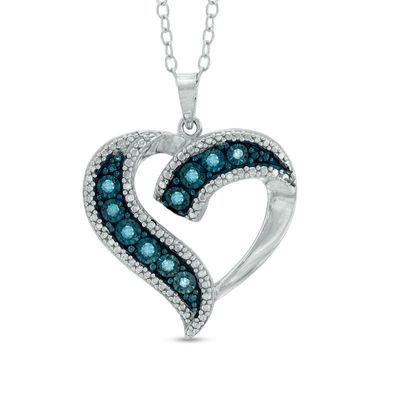 Previously Owned - 0.11 CT. T.W. Enhanced Blue Diamond Beaded Ribbon Heart Pendant in Sterling Silver|Peoples Jewellers