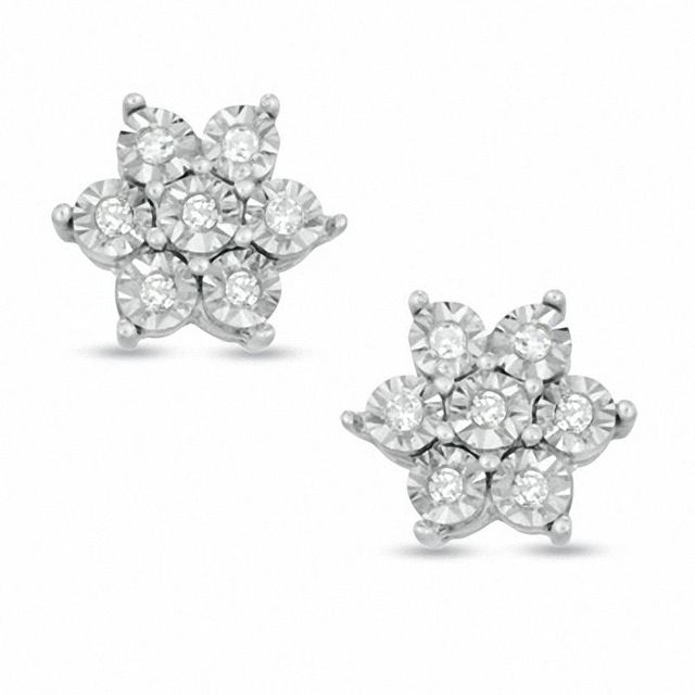 Previously Owned - 0.07 CT. T.W. Diamond Flower Stud Earrings in Sterling Silver|Peoples Jewellers