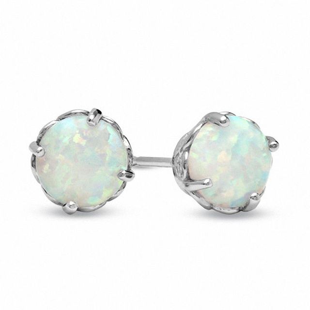 Previously Owned - 6.0mm Lab-Created Opal Solitaire Stud Earrings in 10K White Gold|Peoples Jewellers