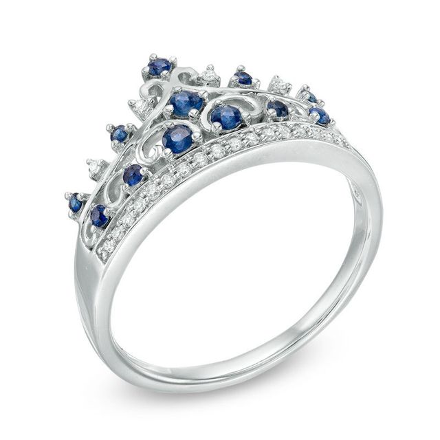 Previously Owned - Princess-Cut and Round Blue Sapphire with Lab-Created White Sapphire Crown Ring in Sterling Silver