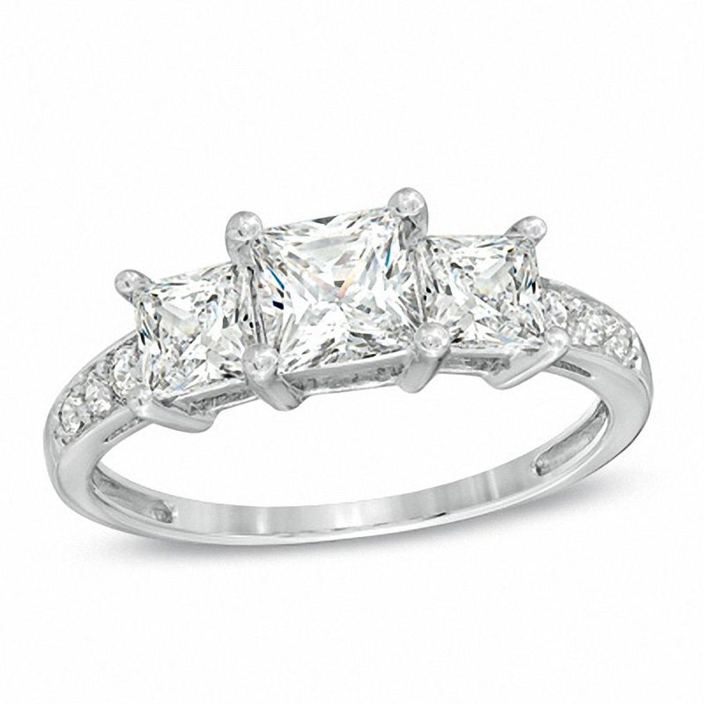 Previously Owned - Princess-Cut Lab-Created White Sapphire Three Stone Ring in 10K White Gold|Peoples Jewellers