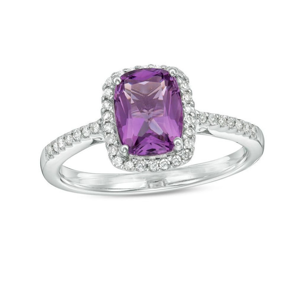 Previously Owned - Cushion-Cut Amethyst and 0.12 CT. T.W. Diamond Frame Ring in 10K White Gold|Peoples Jewellers