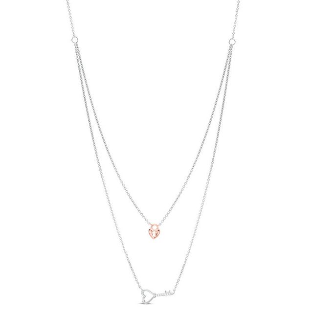 Previously Owned - Diamond Accent Heart Key and Lock Double Strand Necklace in Sterling Silver and 10K Rose Gold - 25"|Peoples Jewellers