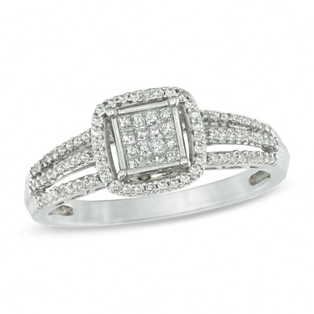 Previously Owned - 0.33 CT. T.W. Princess-Cut Composite Diamond Square Frame Ring in 10K White Gold