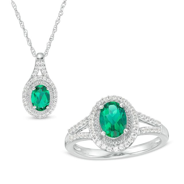 Previously Owned - Oval Lab-Created Emerald and White Sapphire Frame Split Shank Ring and Pendant Set in Sterling Silver