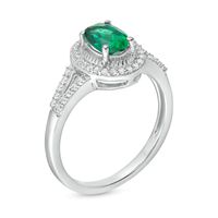 Previously Owned - Oval Lab-Created Emerald and White Sapphire Frame Split Shank Ring and Pendant Set in Sterling Silver|Peoples Jewellers