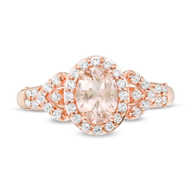 Previously Owned - Oval Morganite and White Topaz Frame Petal-Sides Double Row Ring in 10K Rose Gold|Peoples Jewellers