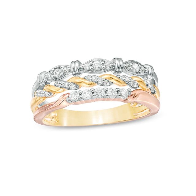 Previously Owned - 0.25 CT. T.W. Diamond Three Piece Stackable Band Set in 10K Tri-Tone Gold