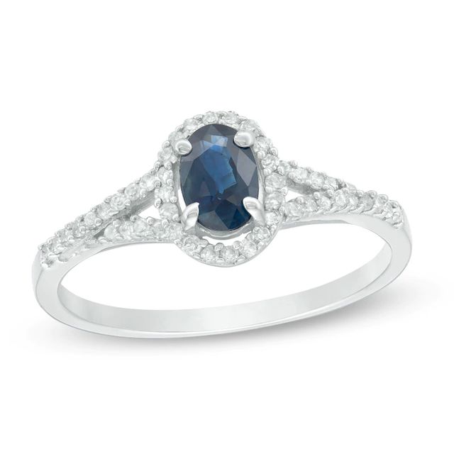 Previously Owned - Oval Blue Sapphire and 0.17 CT. T.W. Diamond Frame Split Shank Ring in 10K White Gold|Peoples Jewellers