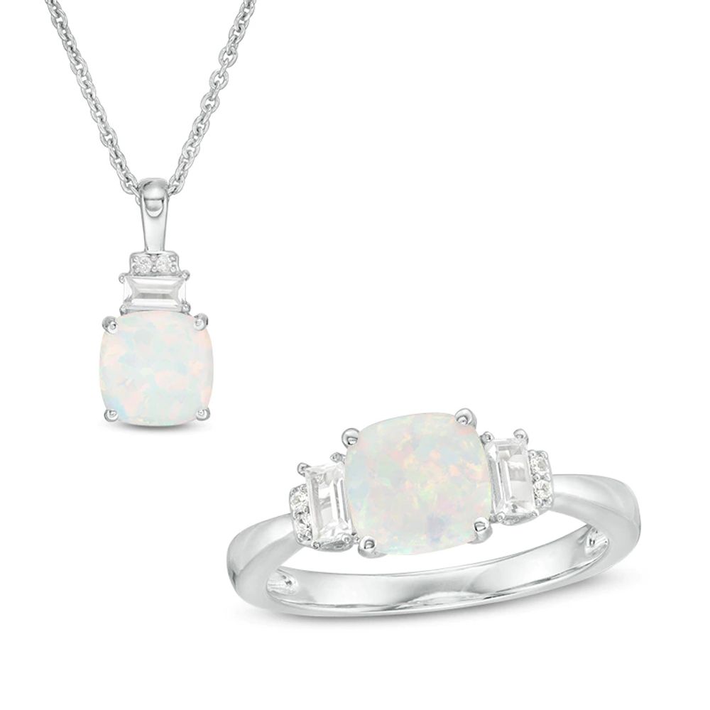 Previously Owned - 7.0mm Cushion-Cut Lab-Created Opal and White Sapphire Pendant and Ring Set in Sterling Silver|Peoples Jewellers