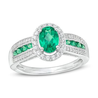 Previously Owned - Oval Lab-Created Emerald and White Sapphire Frame Triple Row Ring in Sterling Silver|Peoples Jewellers