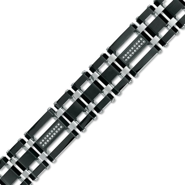 Previously Owned - Men's 0.28 CT. T.W. Diamond Triple Row Link Bracelet in Stainless Steel and Black IP - 8.75"|Peoples Jewellers