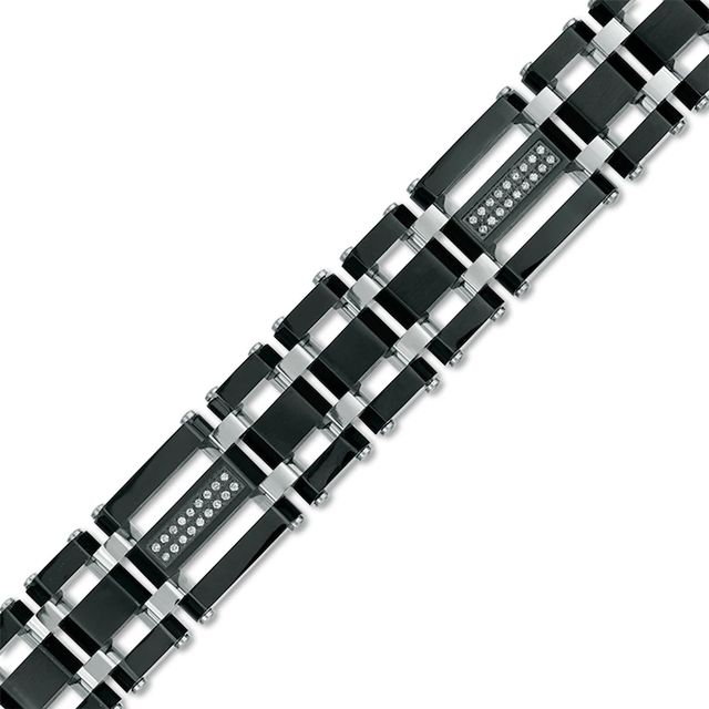 Previously Owned - Men's 0.28 CT. T.W. Diamond Triple Row Link Bracelet in Stainless Steel and Black IP - 8.75"