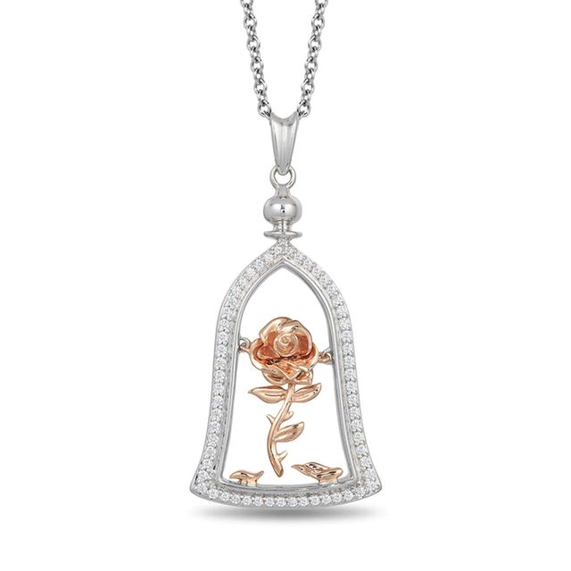 Previously Owned - Enchanted Disney Belle 0.18 CT. T.W. Diamond Rose Pendant in Sterling Silver and 10K Rose Gold - 19"