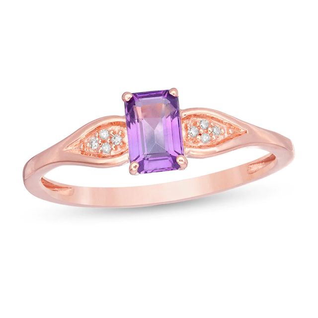 Previously Owned - Emerald-Cut Amethyst and Diamond Accent Flare Shank Ring in 10K Rose Gold|Peoples Jewellers