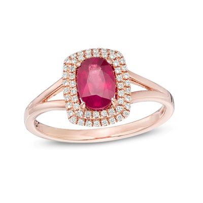 Previously Owned - Oval Ruby and 0.15 CT. T.W. Diamond Double Cushion Frame Ring in 10K Rose Gold|Peoples Jewellers