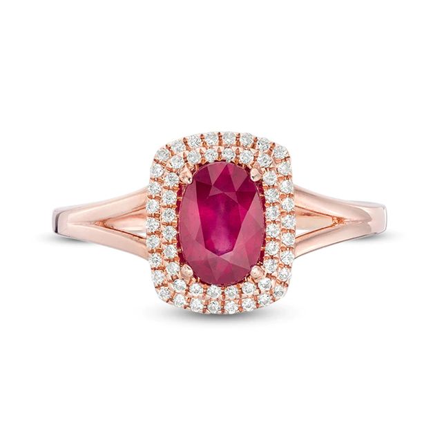Previously Owned - Oval Ruby and 0.15 CT. T.W. Diamond Double Cushion Frame Ring in 10K Rose Gold|Peoples Jewellers