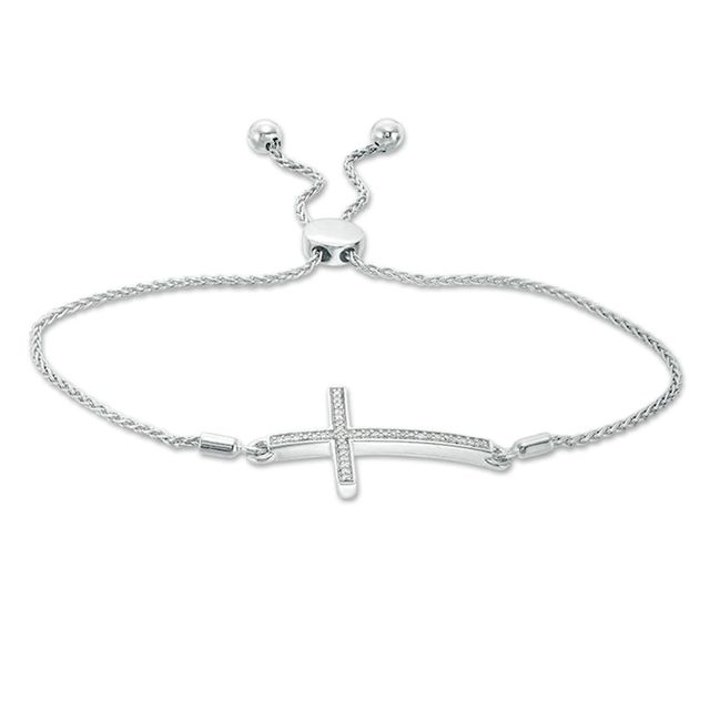 Previously Owned - 0.10 CT. T.W. Diamond Sideways Cross Bolo Bracelet in Sterling Silver - 9.5"|Peoples Jewellers