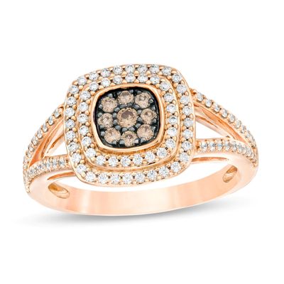 Previously Owned - 0.50 CT. T.W. Champagne and White Composite Diamond Cushion Frame Split Shank Ring in 10K Rose Gold|Peoples Jewellers