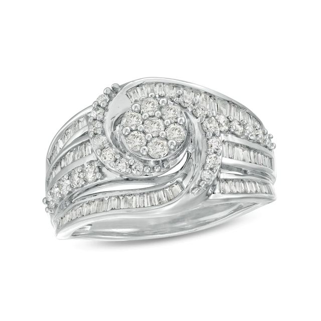 Previously Owned - 1.00 CT. T.W. Baguette and Round Diamond Multi-Row Ring in 10K White Gold|Peoples Jewellers