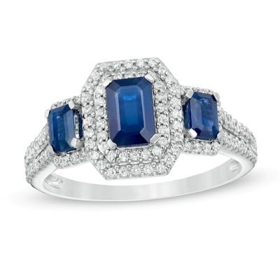 Previously Owned - Emerald-Cut Blue Sapphire and 0.33 CT. T.W. Diamond Three Stone Engagement Ring in 14K White Gold|Peoples Jewellers