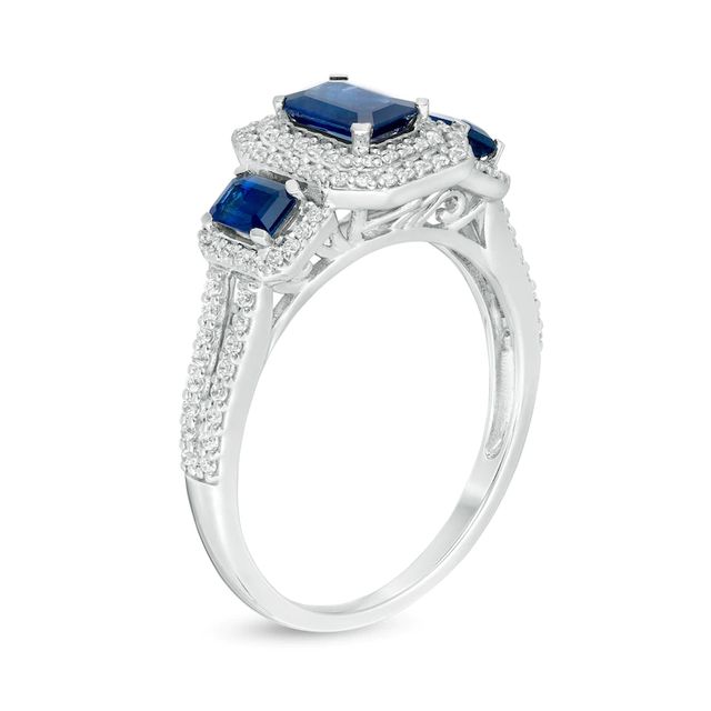 Previously Owned - Emerald-Cut Blue Sapphire and 0.33 CT. T.W. Diamond Three Stone Engagement Ring in 14K White Gold|Peoples Jewellers