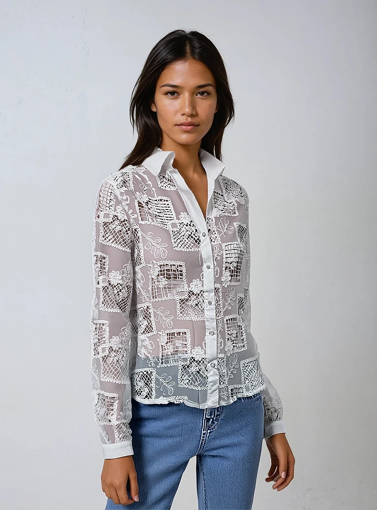 BELLA | Long-Sleeve Button Up Patchwork Blouse