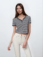 KAREN | Short-Sleeve Striped Top With Adjustable Side Ties
