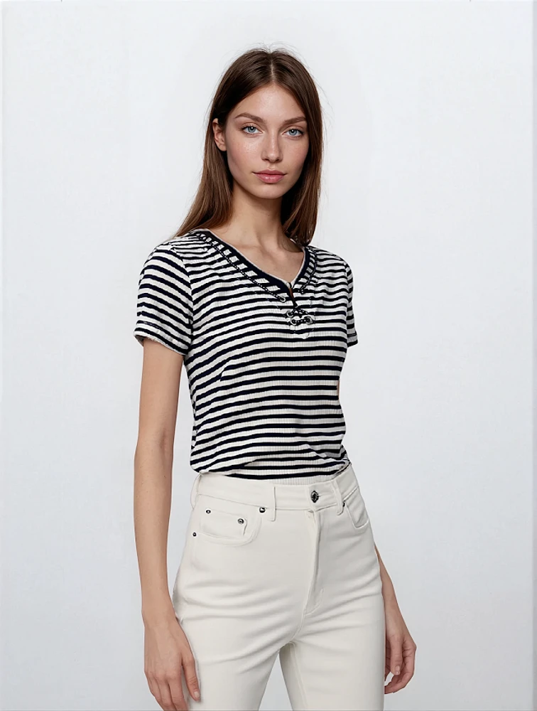 KAREN | Short-Sleeve Striped Top With Adjustable Side Ties