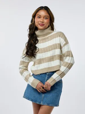 Stripe Turtleneck Cable Sweater