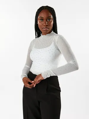 Sheer Long Sleeve Rhinestone Top