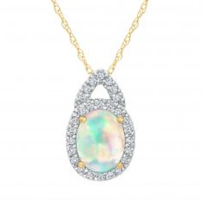 Oval Opal and Diamond Halo Pendant Necklace 1/8ctw