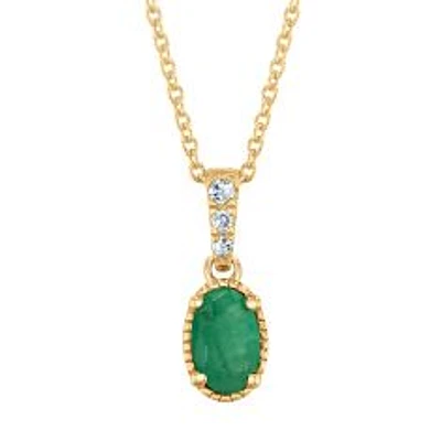 Oval Emerald and Diamond Accent Yellow Gold Pendant Necklace